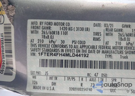 2021 Ford Ranger Lariat из США, поврежденный, VIN 1FTER4FH4MLD44192